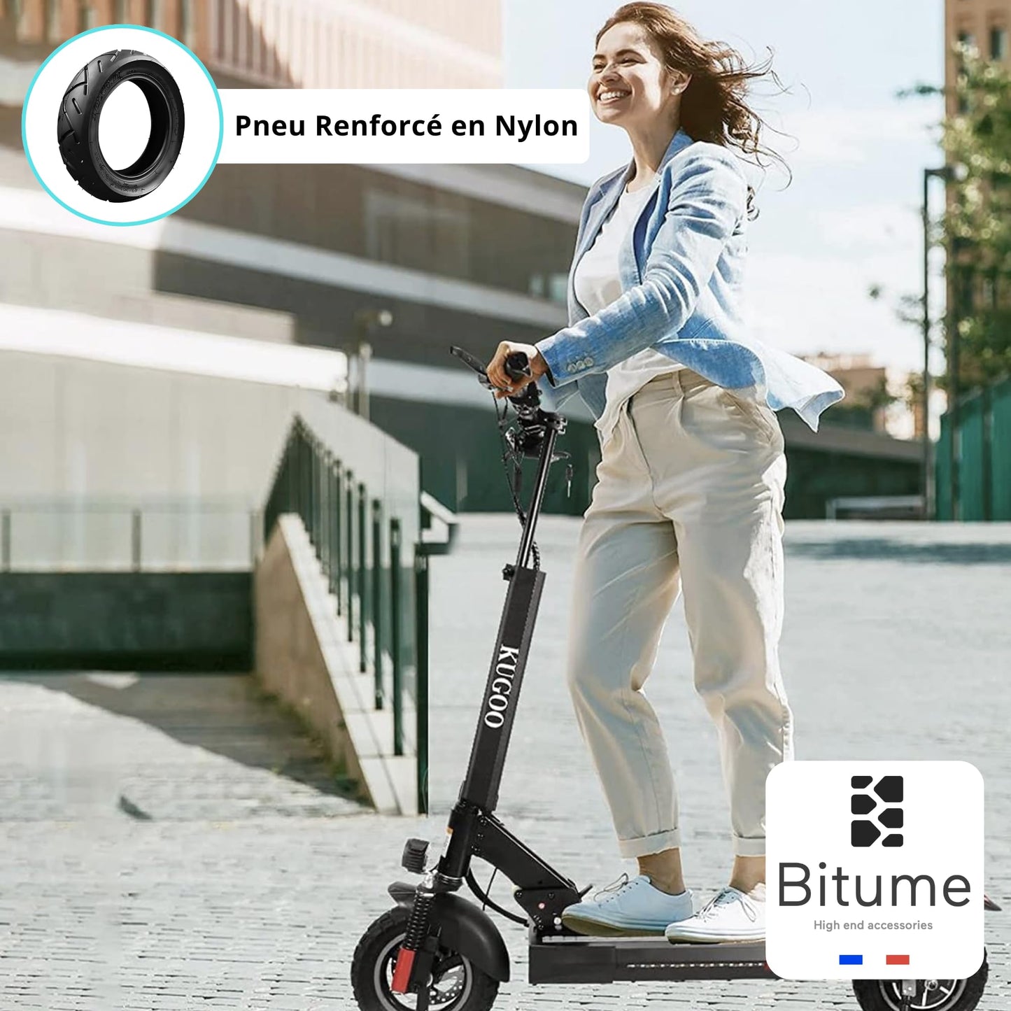 Femme en train de rouler sur une trottinette électrique équipée de pneus renforcés en nylon