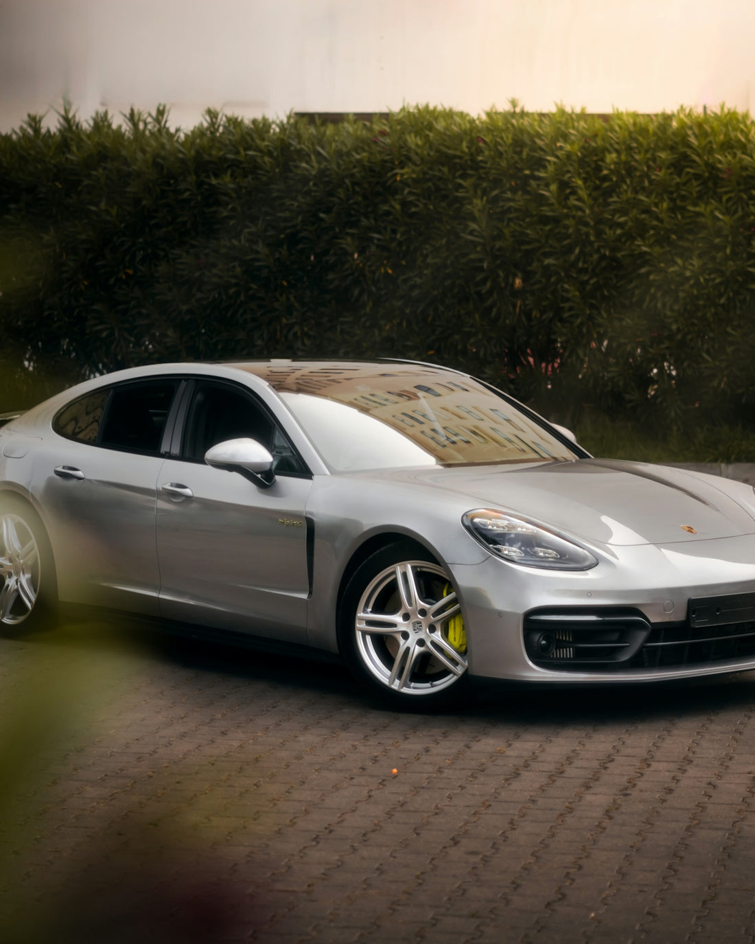 a silver sports car parked in front of a hedge